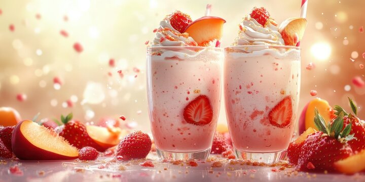 Refreshing strawberry peach shakes served in clear glasses on a summer day with fresh fruit accents and whipped cream topping