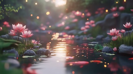 Pink lotus stream scene