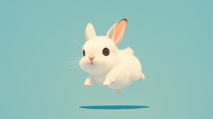 Fototapeta premium A fluffy white bunny hopping mid-air on a light blue background, shadow below