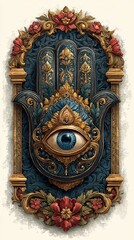 Fototapeta premium hamsa, fatima's hand, with evil eye , watercolor, illustration