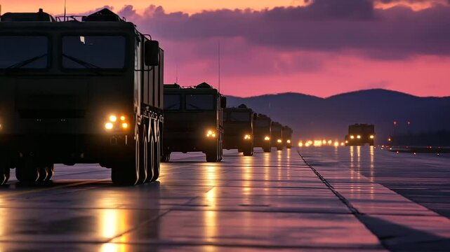 A military airfield at dusk, lined with missile-equipped defense vehicles, ready for deployment, signifying Europe&rsquo;s commitment to deterrence.