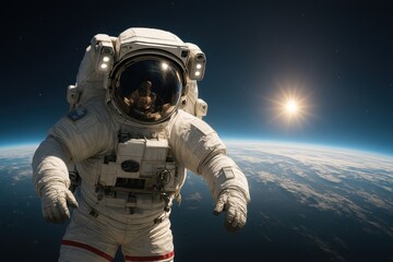Astronaut exploring space, sunlit.