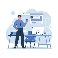 businessman use smart phones for work flat design illustration