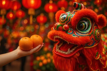 Lunar New Year Lion Dance with Orange Offering, Glowing Lanterns, and Traditional Costume

