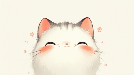 Fototapeta premium A fluffy white cat with gray stripes smiles warmly, framed by little flowers
