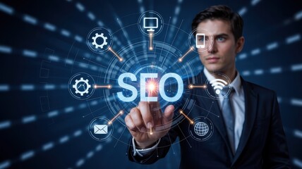 Focused businessman interacts with seo interface display.