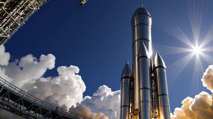 Towering rocket awaits launch under bright sky on platform symbolizing innovation technology bold progress aspiration courage exploration future ambition and achievement