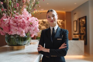 A smiling hotel receptionist stands gracefully near a vibrant floral arrangement, ready to assist.