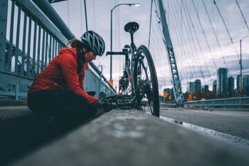 Fototapeta premium A cyclist on a bridge experiences a flat tire, pausing to make a repair in the city.