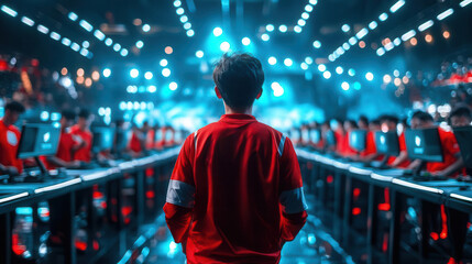 Young esports player walking towards the stage with a crowd of gamers behind him.