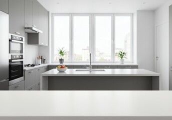 Modern kitchen empty wooden table window mockup sink in a hotel interior design