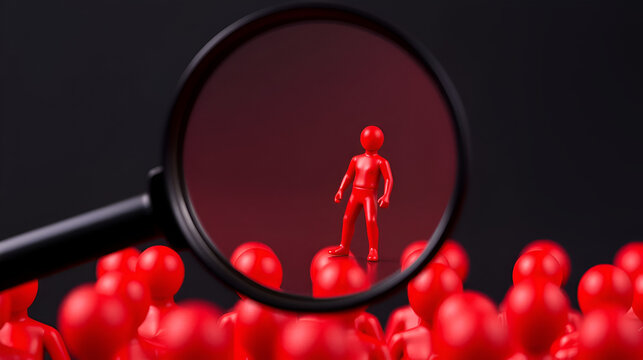 A close-up shot of red figurines with one under a magnifying glass, representing individuality and the concept of standing out from the crowd.
