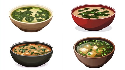 Four bowls of miso soup, various colors and toppings