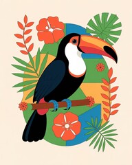 Striking toucan perched amidst vibrant tropical flora against a geometric backdrop creating a bold and colorful flat illustration