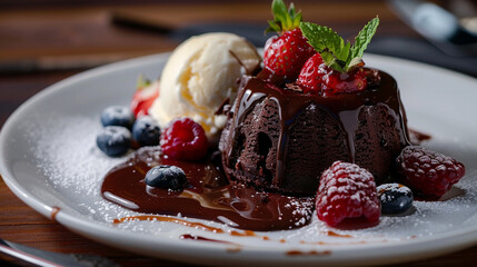 Decadent Chocolate Lava Cake: A Warm, Molten Center Flows Out, Adorned with Fresh Raspberries, Mint, and a Scoop of Vanilla Ice Cream, a Perfect Dessert.