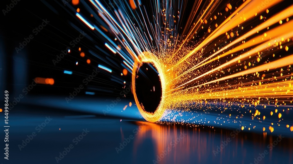 Poster dynamic abstract graphic design with glowing ring and light trails.