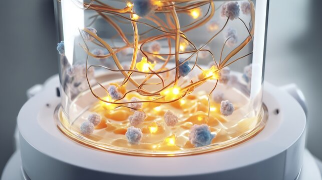 High tech visualization showing microbe bioreactor breaking down organic material produce enzyme such cellulases or amylase glowing microorganism interact raw substrate clean white background focus