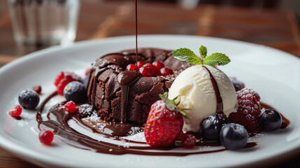 Decadent Chocolate Lava Cake: A Warm, Molten Center Flows Out, Adorned with Fresh Raspberries, Mint, and a Scoop of Vanilla Ice Cream, a Perfect Dessert.
