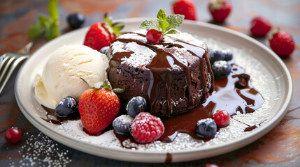 Decadent Chocolate Lava Cake: A Warm, Molten Center Flows Out, Adorned with Fresh Raspberries, Mint, and a Scoop of Vanilla Ice Cream, a Perfect Dessert.
