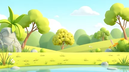 Poster bright outdoor cartoon meadow with scattered trees under a sunny sky