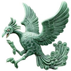 Fototapeta premium Intricate Green Jade Phoenix Sculpture, Detailed Carving of Mythical Bird.