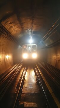 Fototapeta Train emerges from fog-filled subway tunnel at night