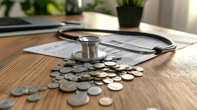 A stethoscope draped over a pile of coins, with some spilling onto a hospital bill, representing the financial pressure of medical expenses.