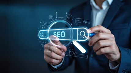 Businessperson interacting with a digital seo magnifying glass.