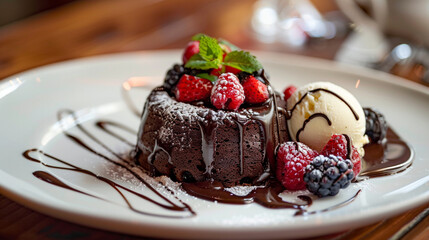 Decadent Chocolate Lava Cake: A Warm, Molten Center Flows Out, Adorned with Fresh Raspberries, Mint, and a Scoop of Vanilla Ice Cream, a Perfect Dessert.