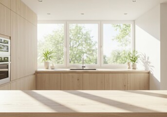 Modern kitchen empty wooden table window mockup sink in a hotel interior design
