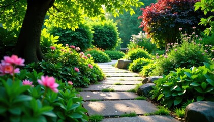 Obraz premium Stone walkway winding through garden, lush foliage surrounds , texture, botanical, geometric