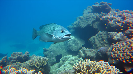 Fototapeta premium Blue Chub and Sergeant Majors fish swimming over coral reef at Constellation Montana Wrecks - handheld shot