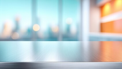 Sleek metal tabletop with a blurred modern office background and cityscape through large windows.