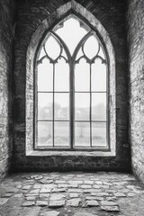Dramatic Gothic Window in Abandoned Stone Building with Natural Light and Overgrown View