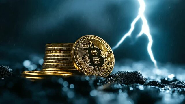 A stormy background behind stacked cryptocurrency coins, with lightning strikes representing sudden market crashes and unpredictable investment swings.