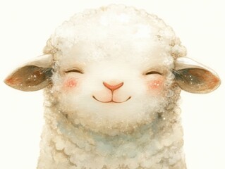 A fluffy white sheep with rosy cheeks smiles softly in a watercolor style