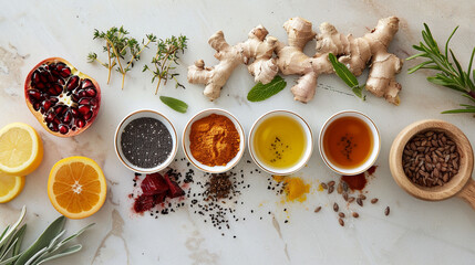 An Alchemist's Palette of Natural Ingredients: An Overhead View of Various Herbs, Spices, Oils, and Flowers Arranged on a Dark, Textured Surface, Suggesting Natural Remedies or Culinary Arts.






