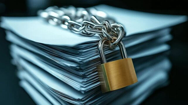 A thick stack of official documents tightly wrapped in heavy metallic chains with a solid brass padlock, symbolizing strict data protection and confidentiality.