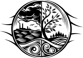 Green ecology promotes sustainability through mindful living, captured in a clean SVG vector.Nature and Industry Contrast in Circular Symbolic Illustration