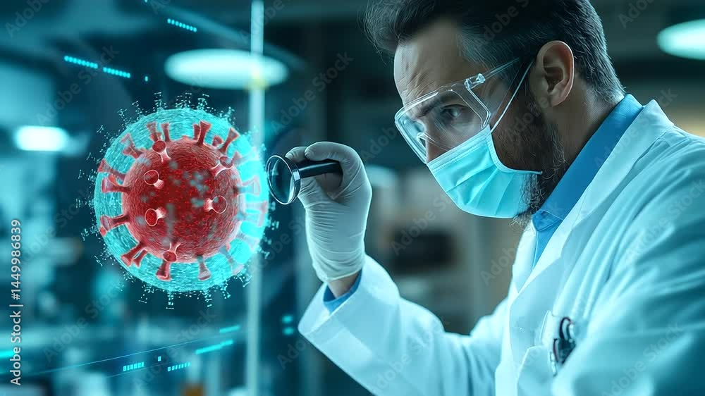 Poster a virologist peers through a magnifying glass at a digital display of a virus, analyzing its spikes 