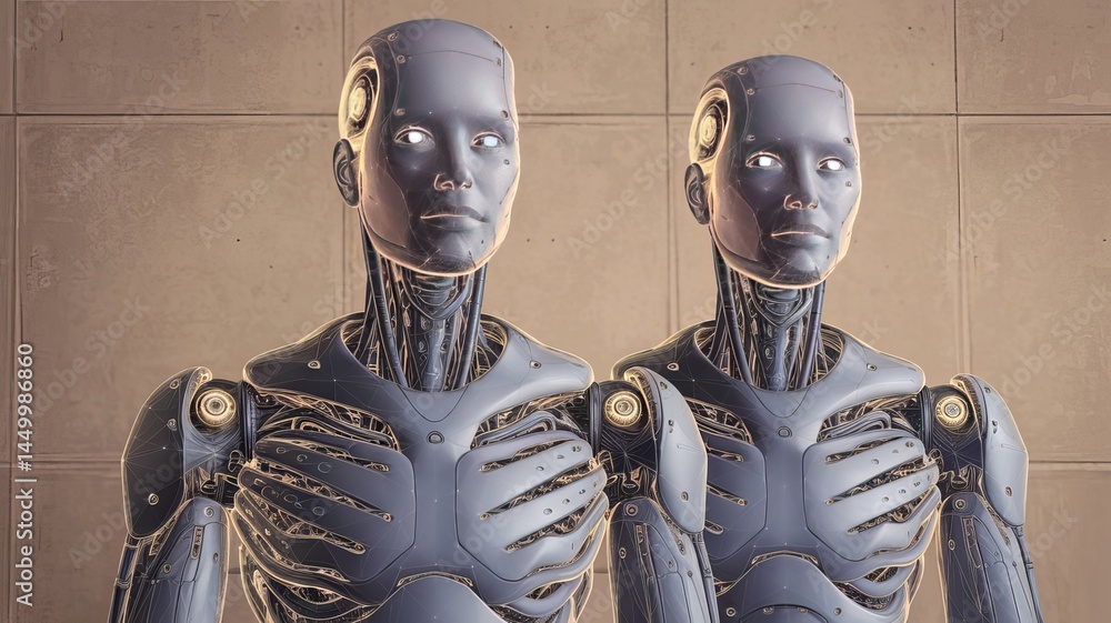 Poster two futuristic humanoid robots with intricate mechanical features stand side by side in a modern set