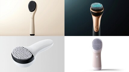 Four different facial cleansing brushes, various colors and styles