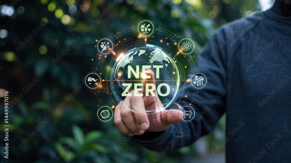 Poster person interacting with a digital net zero concept.