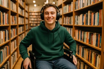Happy student in library wheelchair.
