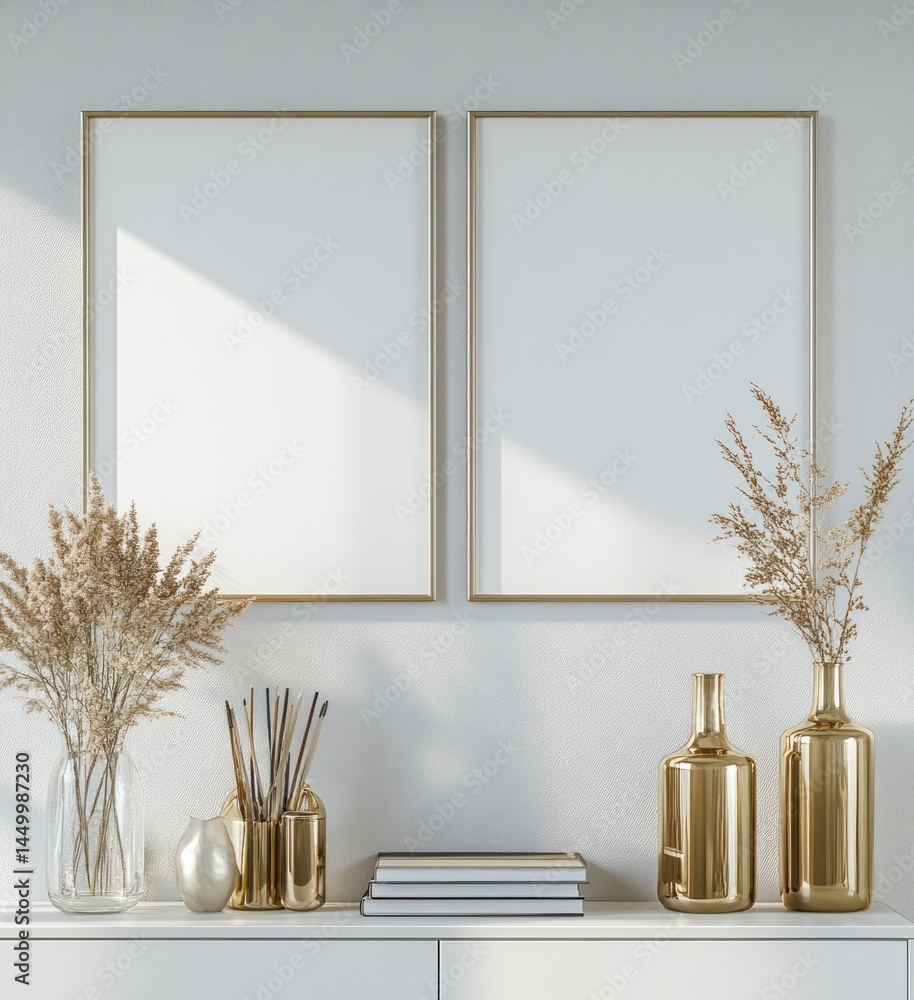 Poster elegant minimalist home decor with empty frames and stylish vases featured on a modern console table