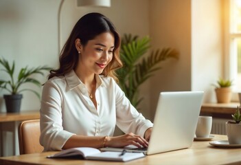 Productive Morning Routine Woman Working Remotely in Bright Room
