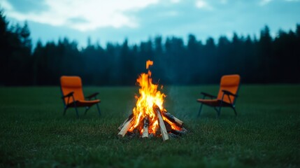 Cozy campfire with two empty chairs, perfect for summer night gatherings or outdoor camping adventures, peaceful nature retreat