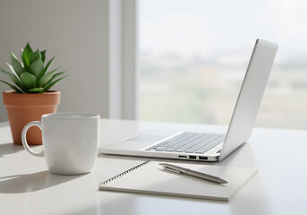 Fototapeta premium White Mug Placed on a Clean White Office Desk Mockup