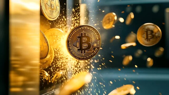 An explosion of golden cryptocurrency coins breaking free from traditional bank vault doors, symbolizing the shift from centralized banking to decentralized finance.