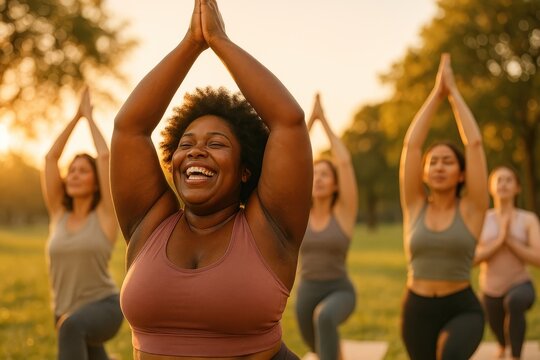 Joyful outdoor group yoga session